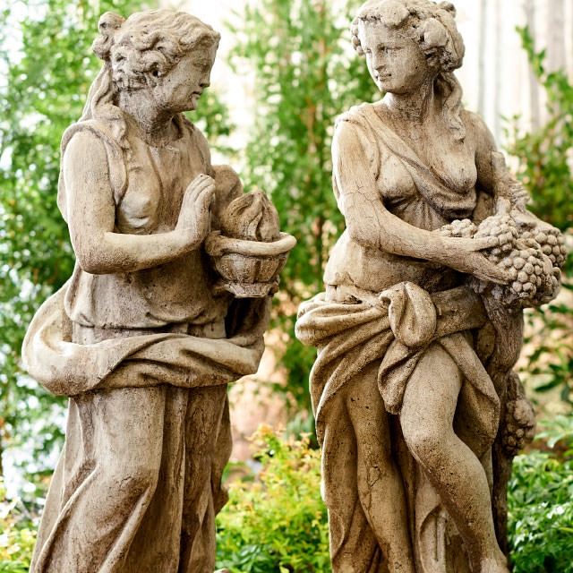 Classical Cherub Garden Statuary on Pedestal, Weathered Cast Stone