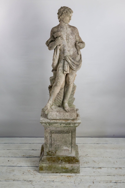 Classical Garden Statue Sculptor on Pedestal, Weathered Stone Finish