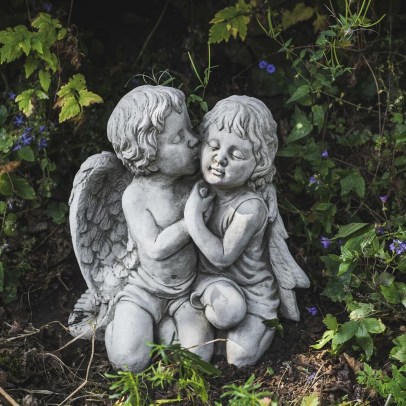 Classical Garden Statue, Weathered Stone Finish, Cherub Couple