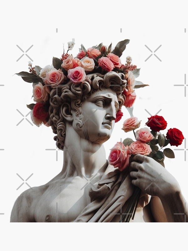 Classical Greek Statue Bust, Matte Finish, Red Floral Motif