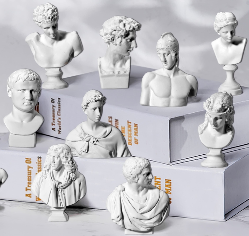 Classical Miniature Bust Statue Set on Wood Pedestals