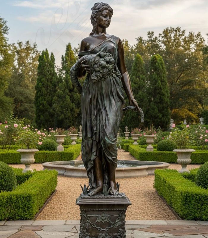 Classical Statue of Woman with Harvest Basket and Flowing Robes