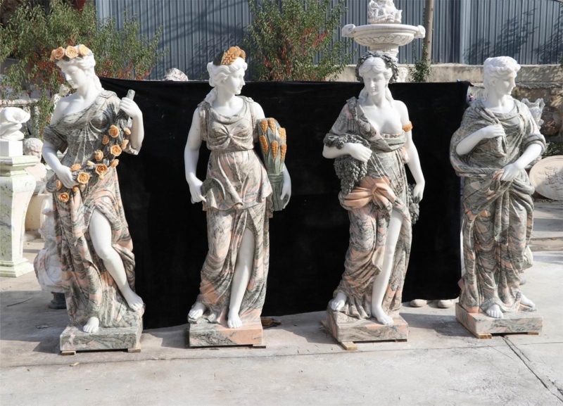 Classical Statue Set on Fluted Pedestals with Cream Carved Texture