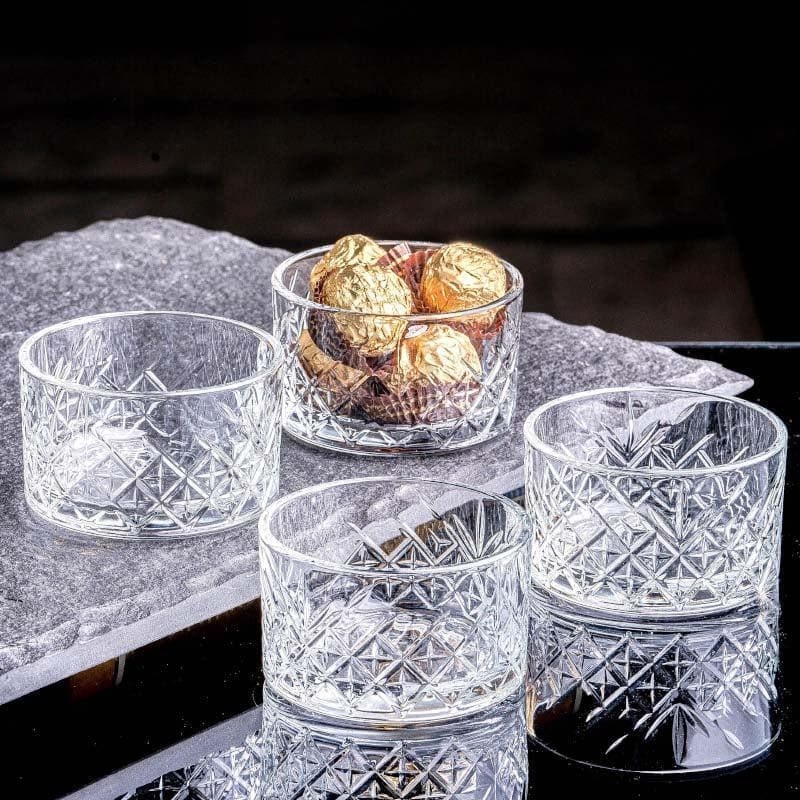 Clear Glass Serving Bowl Set, Metallic Rim and Ribbed Exterior Texture