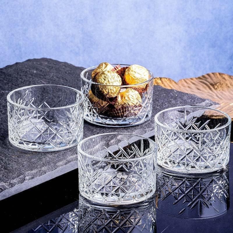 Clear Glass Snack Bowl Set with Polished Rim, Modern Glam Serving