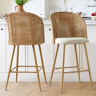 Coastal Bar Stool with Rattan Backrest and Integrated Arms
