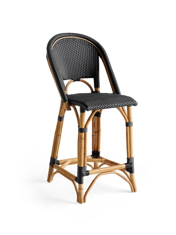 Coastal Counter Stool Rattan Frame Navy White Woven Bistro Pattern
