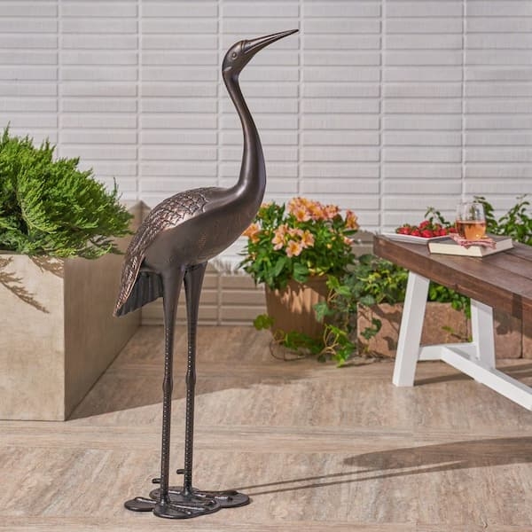Coastal Garden Statue, Polished Copper Finish, Crane Silhouette.