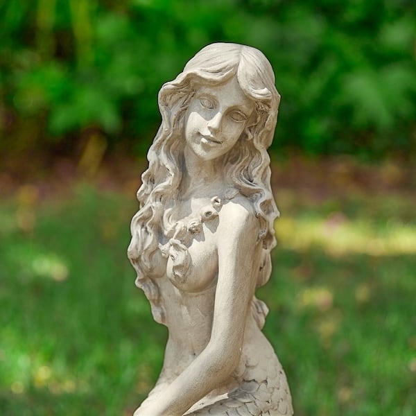Coastal Mermaid Statue Integrated Base Textured Scales Concrete