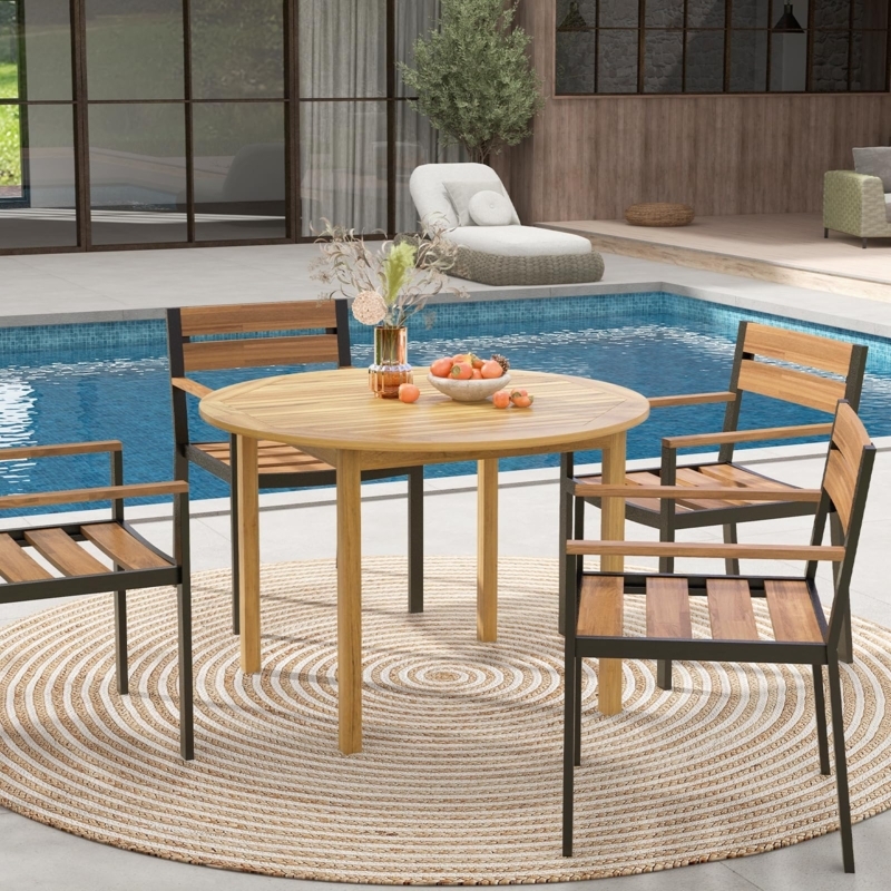 Coastal Round Wood Outdoor Dining Table Slatted X-Base
