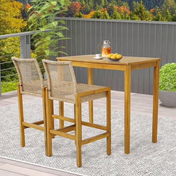 Coastal Wood Bar Stools with Woven Rattan Backs and Seats for Patio