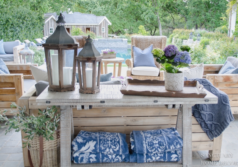 Coastal Wood Frame Outdoor Sectional with Blue Textile Accents