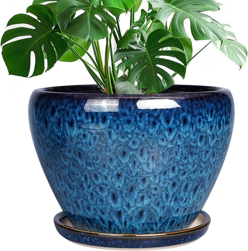 Cobalt Blue Ceramic Planter with Matching Saucer for Modern Indoor Pot