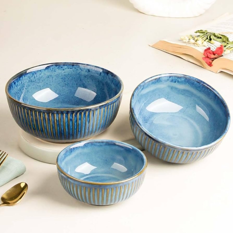 Cobalt Blue Ceramic Serving Bowls, Glossy Nested Kitchen Set