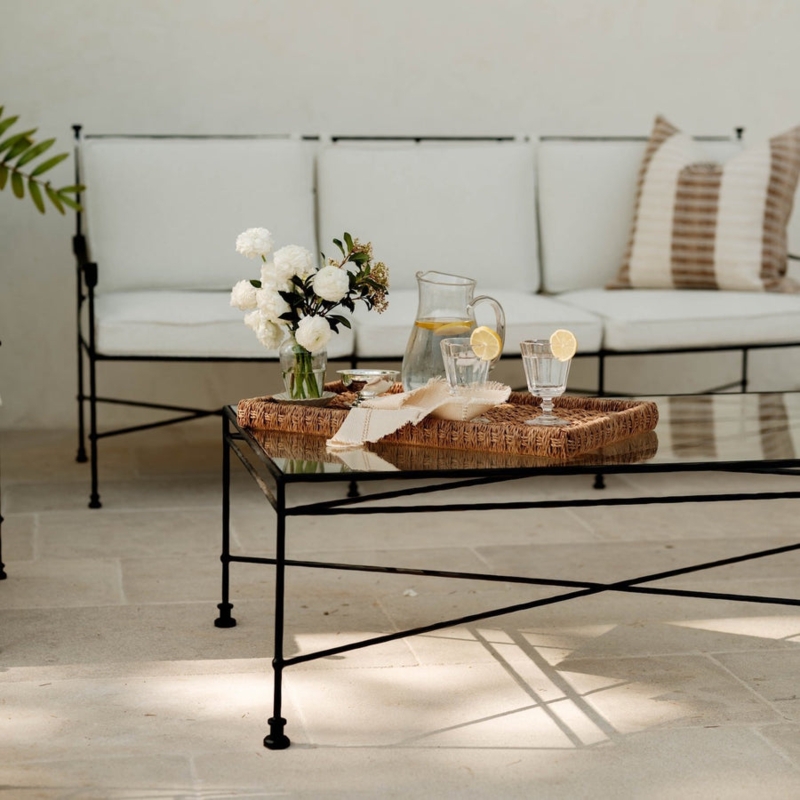 Coffee Table with Inset Glass Top and Open Charcoal Metal Frame Base