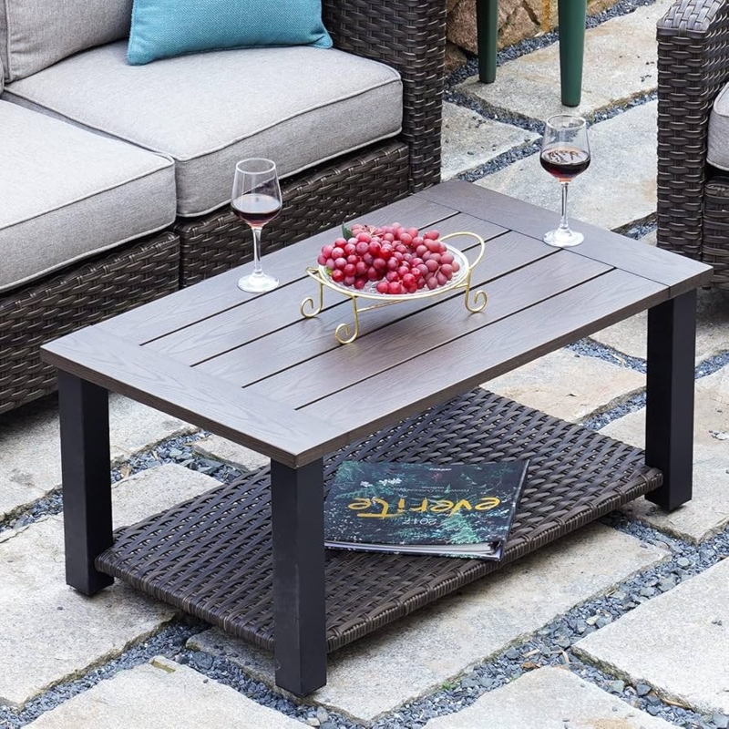 Coffee Table with Woven Storage Shelf and Two-Tier Faux Wood Slats