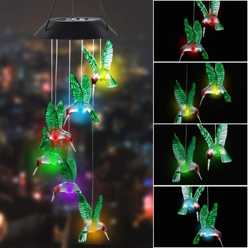 Color Changing LEDs Wind Chime with Hummingbird Figurines