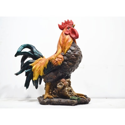 Colorful Metal Rooster Statue with Textured Feathers and Wire Legs