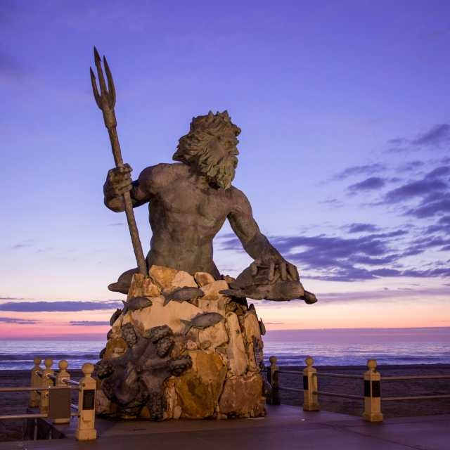 Colossal Outdoor Statue Weathered Bronze Trident Majestic Beachfront
