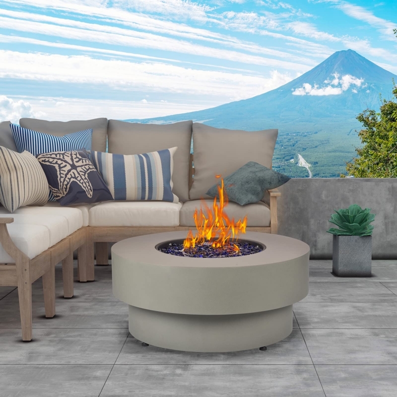 Concrete Fire Pit Table Round Tiered Base Blue Glass