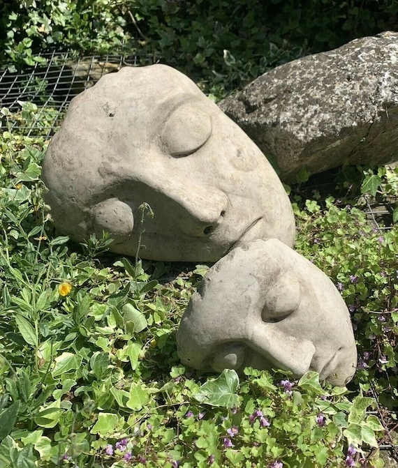 Concrete Pair Garden Statue Set with Abstract Half Face Silhouette