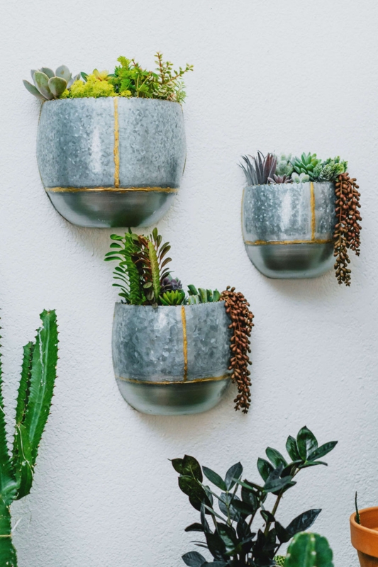 Conical Metal Wall Planters Set of 3 Distressed Silver Industrial