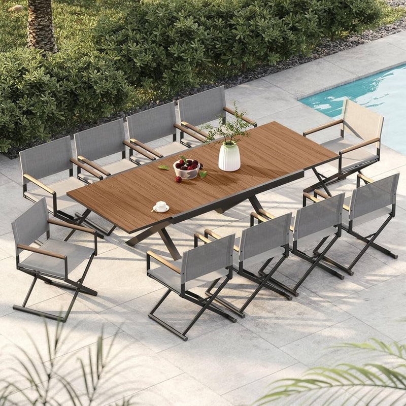 Contemporary 11 Piece Outdoor Dining Set with Folding Mesh Chairs