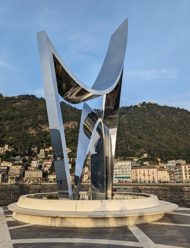 Contemporary Abstract Geometric Sculpture Polished Metal Lakeside Art