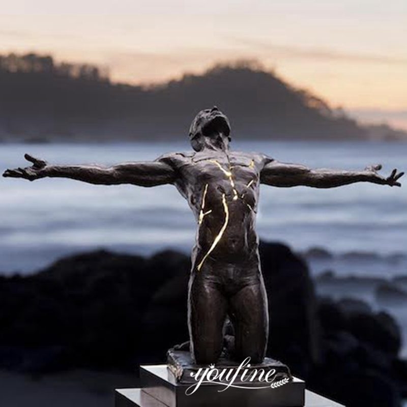 Contemporary Illuminated Bronze Sculpture Cracked Surface Meditative Art