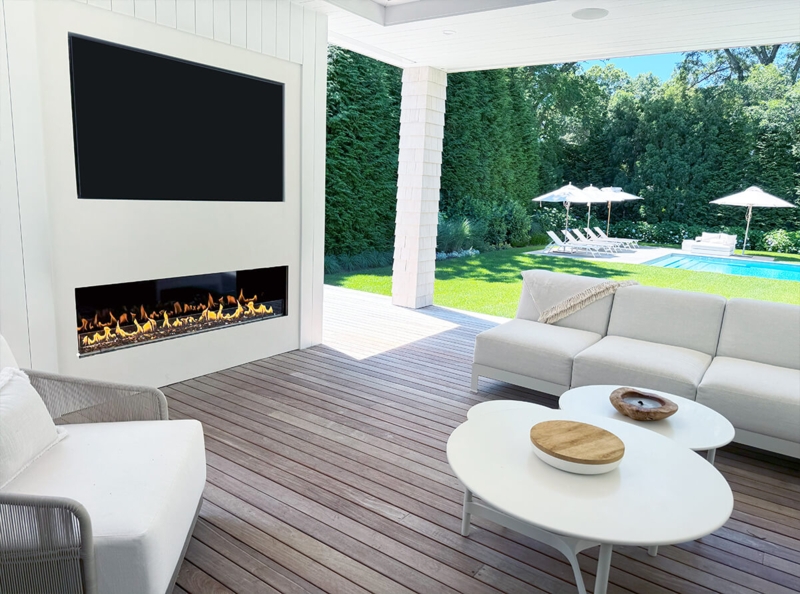 Contemporary Linear Outdoor Fireplace Built into Stone Accent Wall