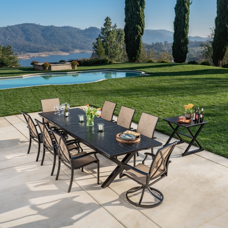 Contemporary Outdoor Dining Set with Expanding Table Sling Mesh Seating