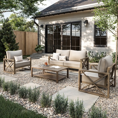 Conversation Set Woven Wicker Texture Beige Olefin Cushions Slatted Table