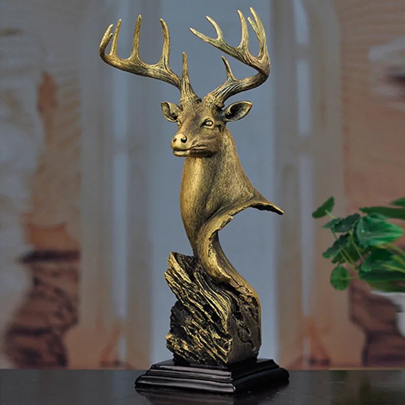 Copper Finish Sculpture with intricate antlers and freestanding base.