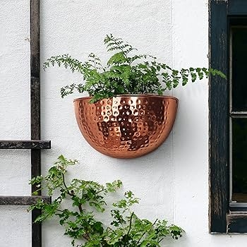 Copper Wall Planter, Ribbed Metal Texture, Semi-Circular Bowl