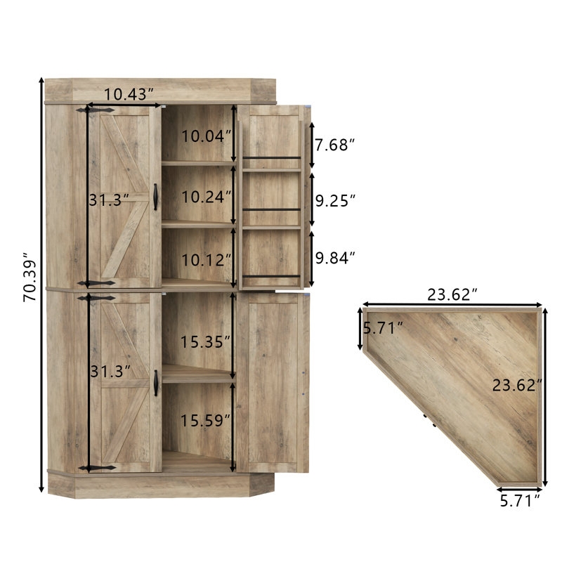 Corner Pantry Cabinet in Warm Wood Tone with Integrated Side Storage Rack