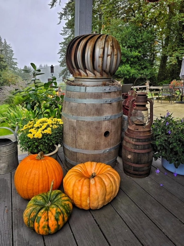 Cottagecore Garden Chair with Filigree Back and Pumpkin Arrangement
