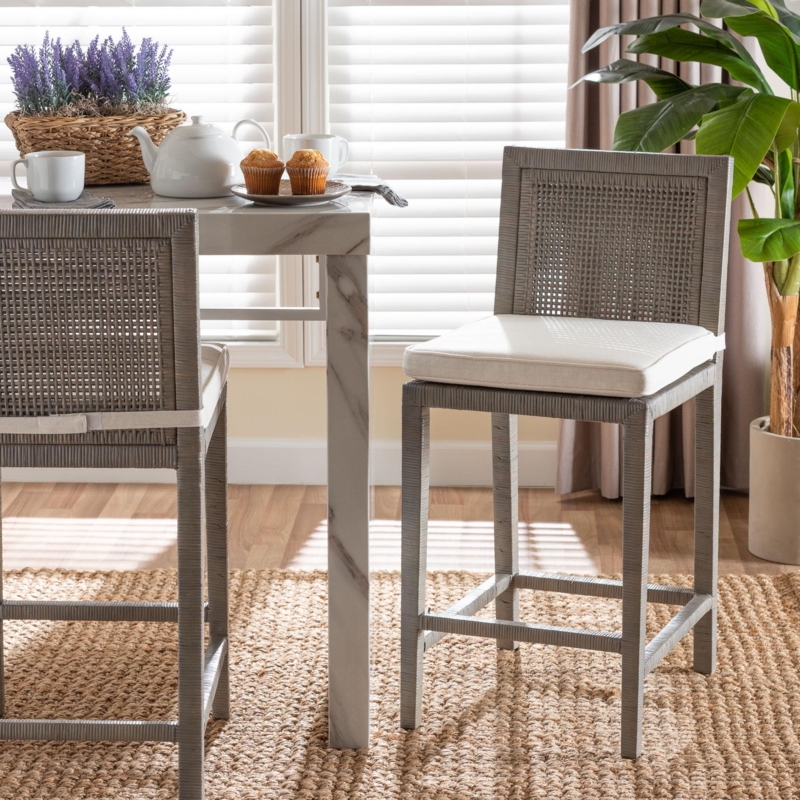 Counter Stool Grey Washed Woven Mesh Back White Cushion Coastal Boho