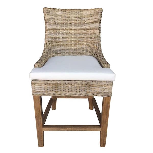 Counter Stool Kubu Grey Wash Woven Rattan Frame with White Cushion