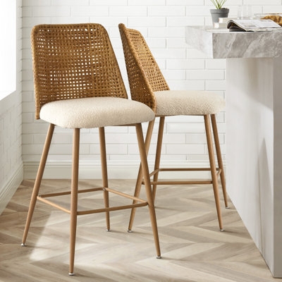 Counter Stool Rattan Back Boucle Seat Organic Modern Style