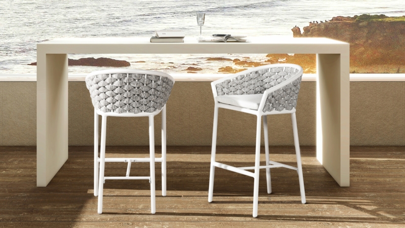 Counter Stool set with black metal frames and white rope. (60)
