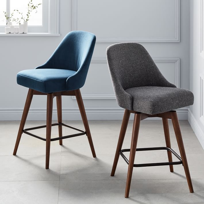 Counter Stool, Upholstered Swivel Seat, Charcoal Tweed Texture, Wood Legs