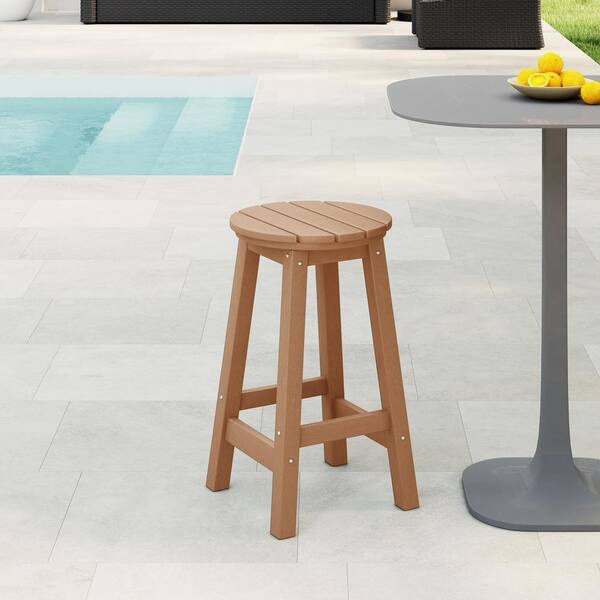 Counter Stool with Slatted Round Seat in Teak Finish, Durable HDPE