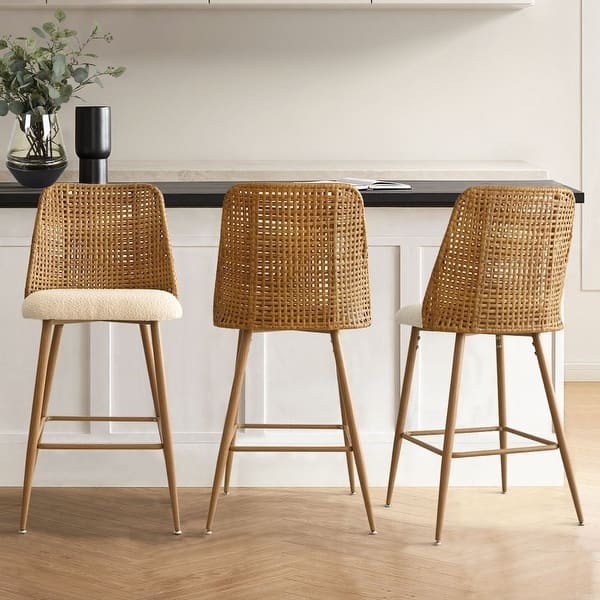 Counter Stool with Woven Lattice Back & Boucle Seat, Coastal Modern