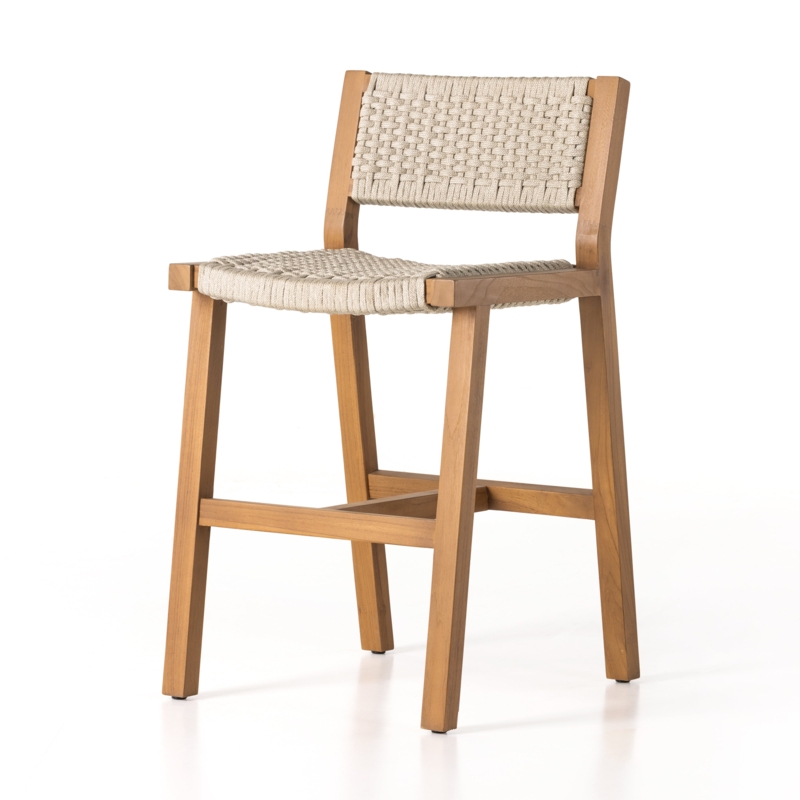 Counter Stool Woven Rope Backrest Natural Teak Frame Barrel Back