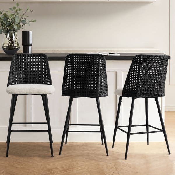 Counter Stools with gold toned footrest, oatmeal upholstery. (63)