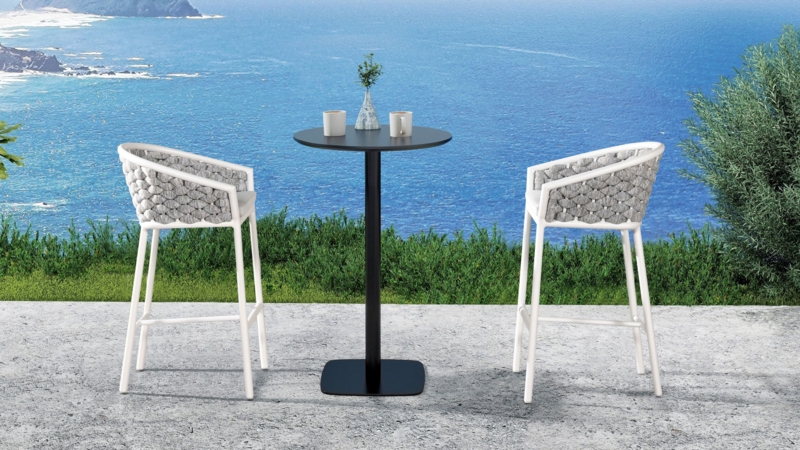Counter Stools with unique sled base and white rope. (57)