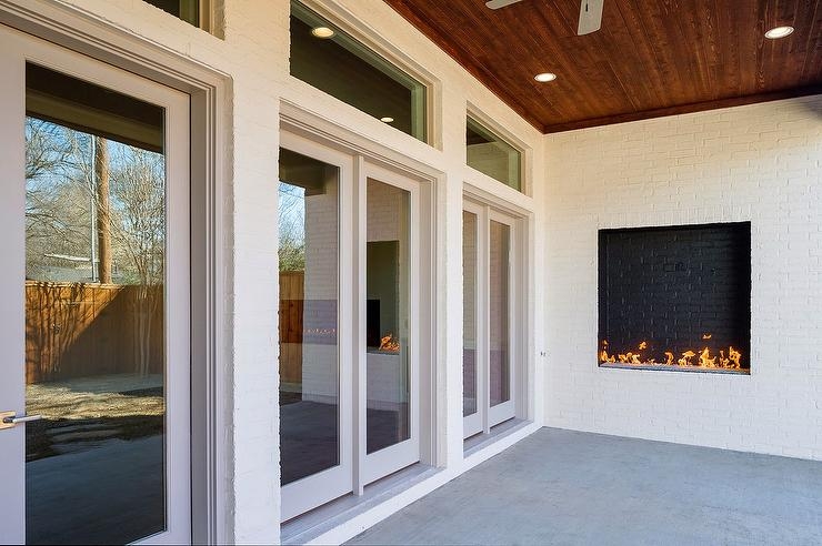 Covered Patio Modern Black Brick Fireplace Wood Plank Ceiling Design
