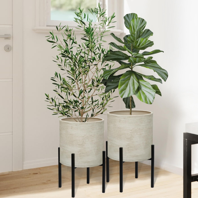 Cream Planter Set Ribbed Texture Black Metal Stands Cylindrical