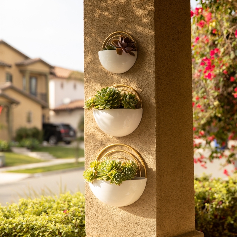 Crescent Wall Planter Set, White & Gold Metal, Minimalist Style