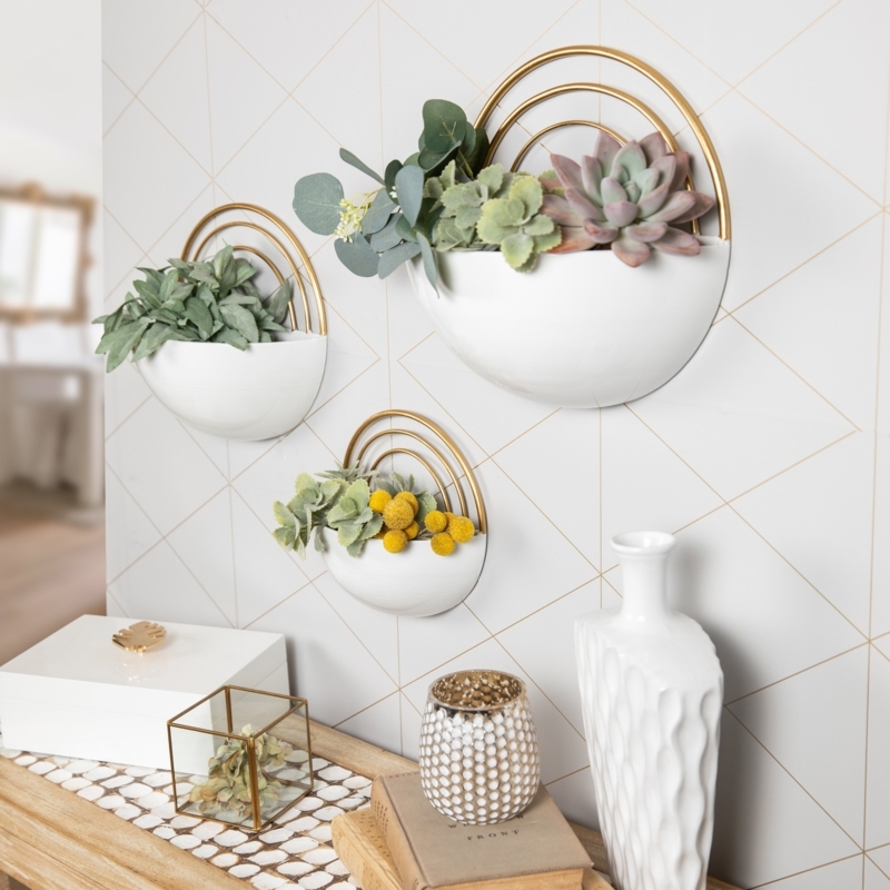 Crescent Wall Planters, White with Gold Trim, Set of 3, Modern